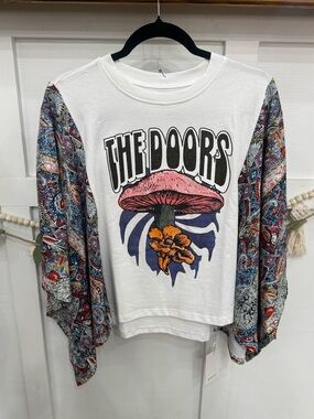 The Doors Graphic Tee with Paisley Sleeve Kimono - White, Pink, Blue